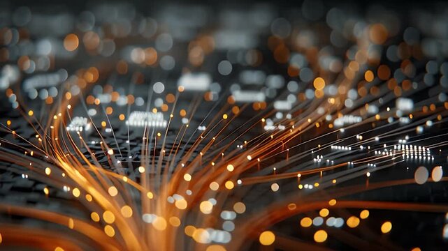 Abstract technological network of glowing orange fiber optic strands connected to electronic components on a circuit board, symbolizing data transfer and digital communication