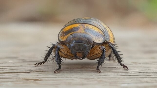 Close-up Macro Shot of an Orange and Black Striped Beetle with Spiky Legs on a Wooden Surface