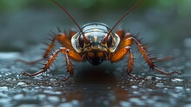 Extreme Macro View of a Detailed Cockroach Insect Creature with Orange Legs and Brown Body
