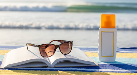 Naklejka premium Summer relaxation book sunglasses and sunscreen by the water
