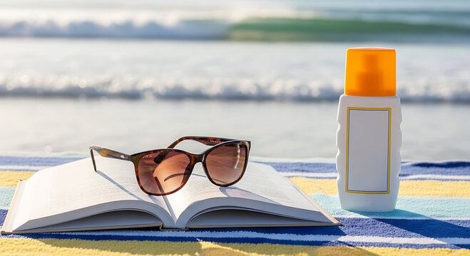 Summer relaxation book sunglasses and sunscreen by the water