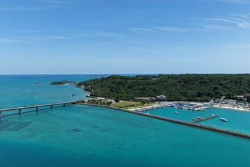 Obraz premium Aerial view of Henza South Port in Okinawa Japan with turquoise sea