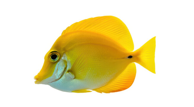 Vibrant yellow tang fish swimming isolated on a plain white background, for marine life concepts