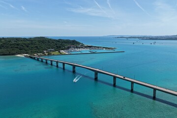 Fototapeta premium Aerial view of bridge between Hamahiga and Henza islands in Okinawa Japan