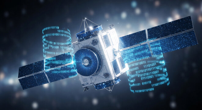 Modern communication satellite transmitting digital binary data streams across vast outer space