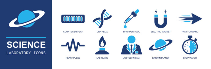 Science laboratory icon set. Containing counter display, dna helix, dropper, magnet, fast forward, heart pulse, lab flame, technician, saturn, stop watch and more. Solid fill vector icons. © Ella