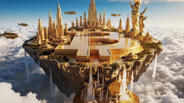 Majestic golden city floats serenely amidst fluffy white clouds and blue sky with futuristic skyscrapers and statues standing tall