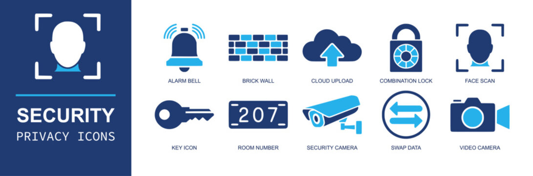 Security privacy icon set. Containing alarm bell, brick wall, cloud upload, combination lock, face scan, key, room number, camera, swap data, video and more. Solid fill vector icons.