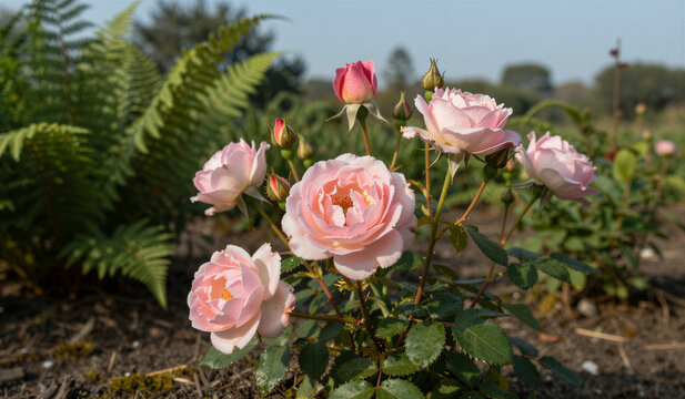 Pink rose bush blooming with buds in outdoor garden bed