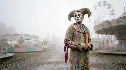 Obraz premium Clown wearing mask standing in foggy abandoned amusement park 
