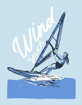 Girl windsurfer, vector sketch illustration