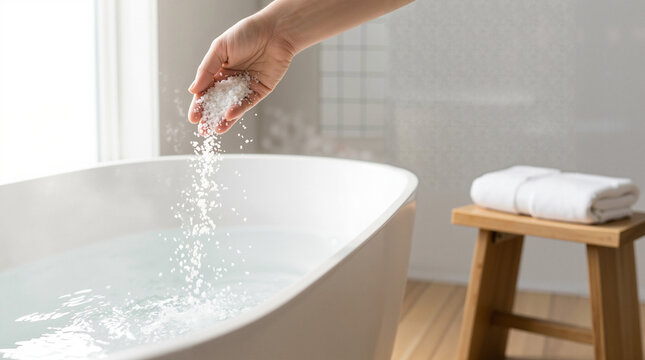 A light-skinned hand pouring therapeutic epsom salt into a steamy bathtub in a bright, modern bathroom.