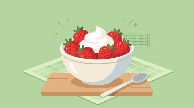 A delightful flat design illustration capturing the beloved tradition of strawberries and cream, synonymous with the Wimbledon Championships experience.
