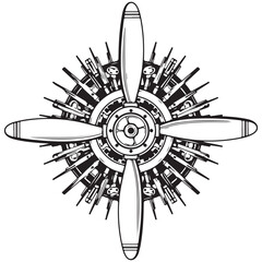 Vintage airplane propeller and radial engine vector illustration isolated on white background © Andikia