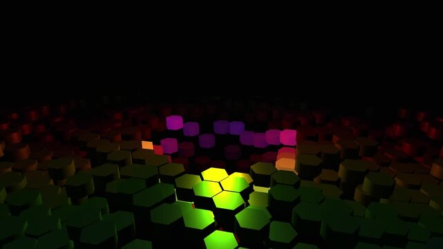 A high-end 3D motion background featuring smooth undulating waves of multicolor rainbow hexagons. This premium dark mode aesthetic creates a futuristic, tech-oriented atmosphere with a central void sp