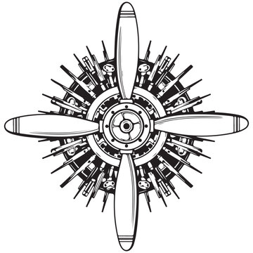 Vintage airplane propeller and radial engine vector illustration isolated on white background