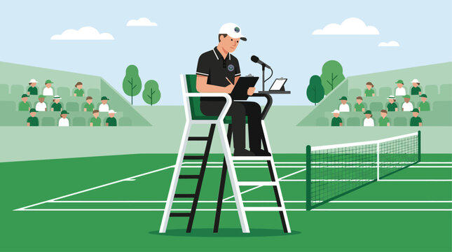 A concise flat design illustration of a tennis umpire in their elevated chair, representing authority and fair play at the Wimbledon Championships.
