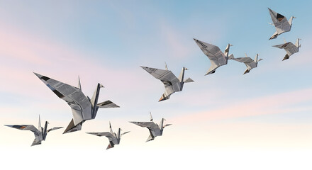 Fototapeta premium Paper Cranes Soaring Through Air Freedom and Aspirations