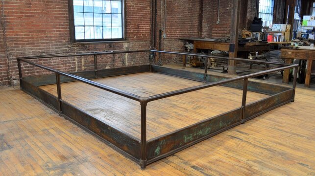 Industrial metal bed frame with rustic wood and brick interior, showcasing vintage loft style decor