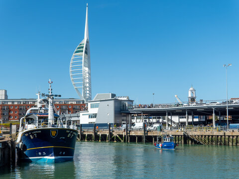 Portsmouth England - April 24 2026: Ted of Ladram E7 fishing boat in Old Portsmouth's Camber Dock with The Spinnaker Tower in the background