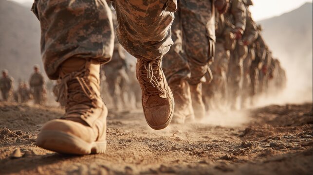 Silhouetted boot lineup as troops march in formation under gentle morning light
