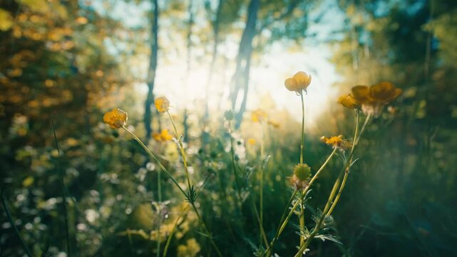 Field of yellow spring flowers under bright sunlight in France