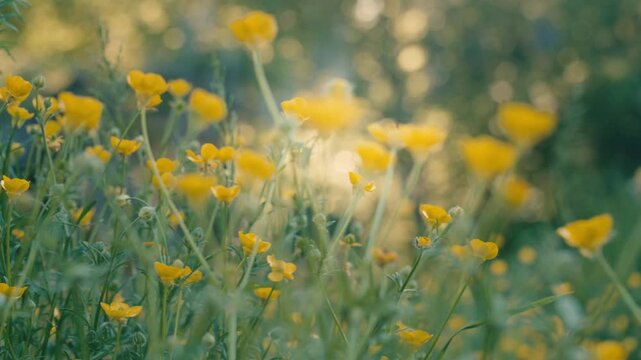 Yellow buttercups in a sunlit meadow in France