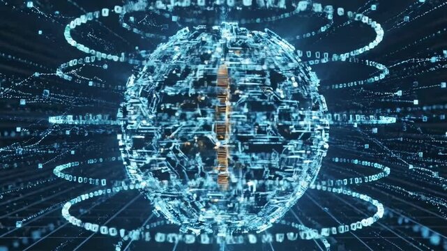 A futuristic globe with swirling circuits and data streams surrounds a central orange axis in a dark technological environment.