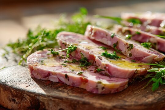 Sliced head cheese on rustic wooden board with herbs and olive oil