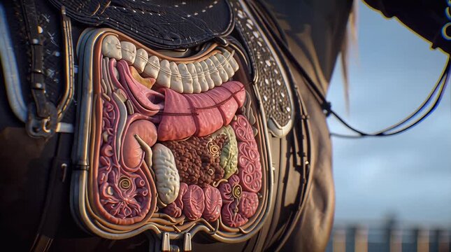 Close-up of horse saddle with anatomical internal organs, slow zoom, detailed, medical concept
