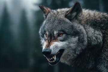 Obraz premium Snarling Wolf Portrait in a Misty Forest with Bared Teeth and Amber Eyes