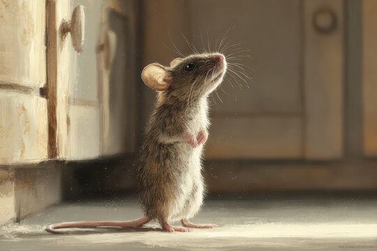 Soft illustration of a house mouse upright, detailed fur, gentle lighting, warm home setting