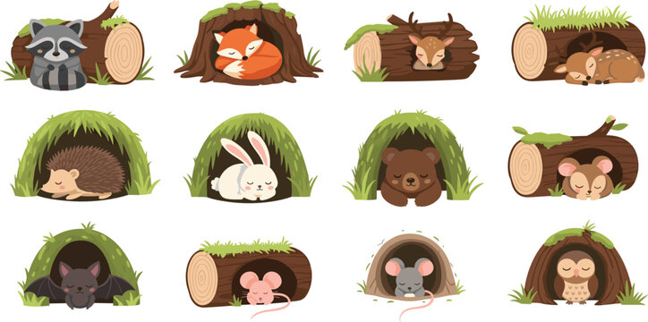 A collection of cute cartoon woodland animals sleeping peacefully in cozy burrows, hollow logs, and grassy dens, featuring a fox, bear, bunny, and owl.