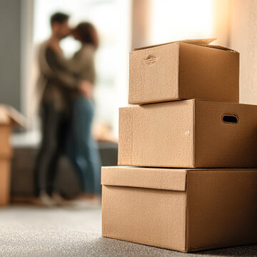 A stack of moving boxes in focus with a couple embracing in the blurred background of a new home.