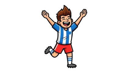Fototapeta premium cartoon player celebrating after scoring goal, arms raised, joyful expression, energetic pose, isolated on pure white background, centered