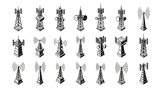Collection of communication towers and antennas in isometric view.