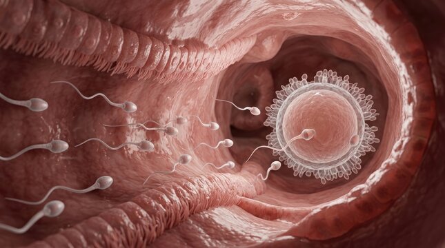 Reproductive cell process: sperm navigate, ovum fertilize, early embryo develop, female system, internal view, human generate, journey begin, zygote form.