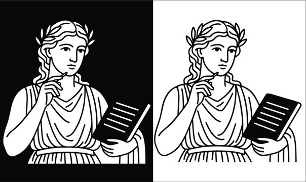 Calliope Playing Lyre Line Art &ndash; Greek Muse Music Illustration Vector