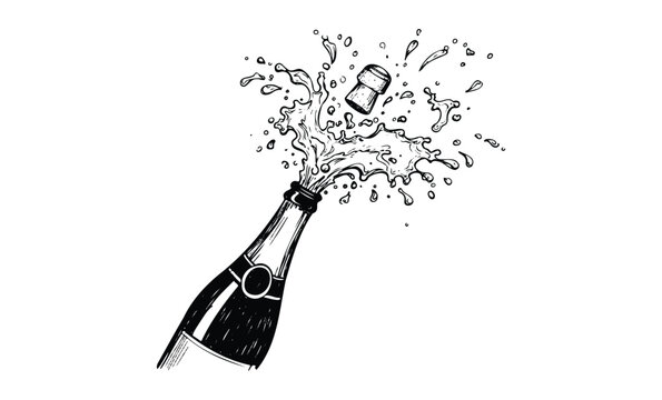 Exploding champagne bottle with cork and bubbles line drawing