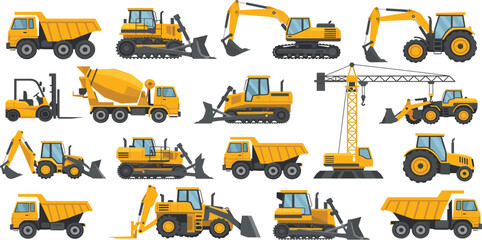 A comprehensive set of yellow heavy construction machinery icons including excavators, bulldozers, dump trucks, cranes, cement mixers, and forklifts on a white background. © MdSirazul