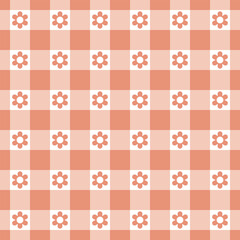 Obraz premium Orange and White Gingham Floral Vector, Seamless Apricot Check Pattern, Orange Cottagecore Flower Background, Bright Plaid Fabric