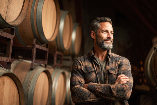 A bearded man stands confidently in a wine cellar surrounded by wooden barrels, wearing a plaid shirt and smiling slightly.