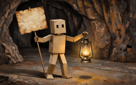 Cardboard robot holds lantern and blank sign in dark cave entrance.