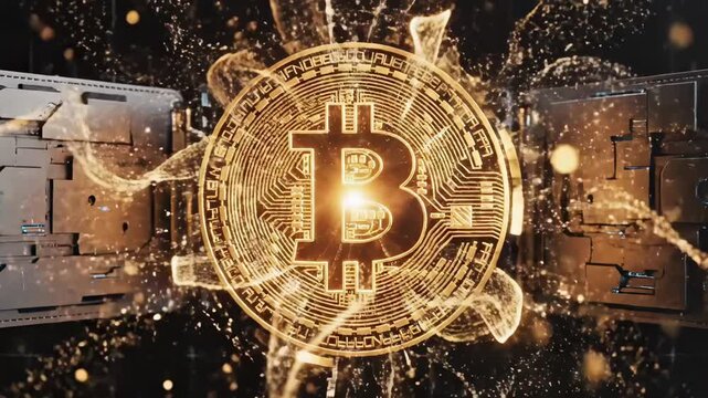 Golden Bitcoin symbol surrounded by glowing circuits and microchips in a dark room with abstract tech background