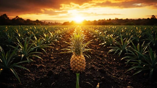 Pineapple in field at sunset.