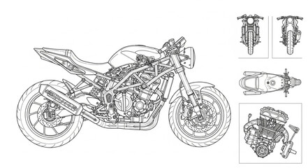Detailed line drawing of a modern motorcycle and its components. © Dancok