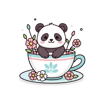 Cute Cartoon Panda in Teacup.