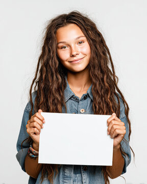 A young woman with long curly hair holds a blank white sign, smiling at the camera against a plain background.