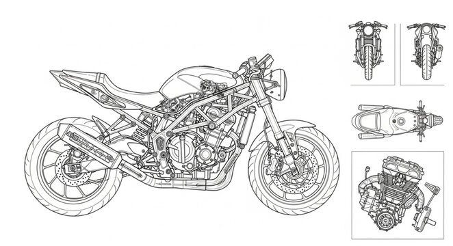 Detailed line drawing of a modern motorcycle and its components.