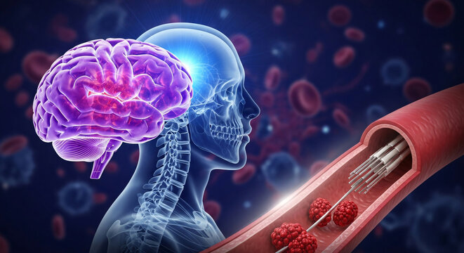 Neurological illustration of a human brain with a blocked carotid artery and blood clot removal